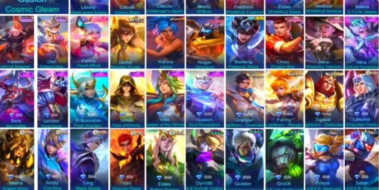 ML616 369 Skins, Legend Gusion Cosmic Gleam, Collector Natalia, Naruto Lukas, Kinsin Angela (G)